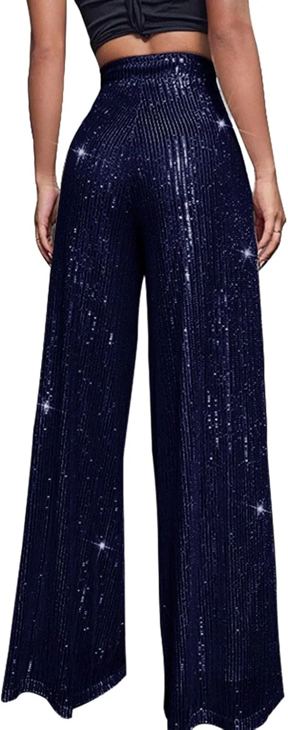 sdbrld Sequin Pants Women,Women's Glitter Sequin Loose Pants Bling Party Clubwear Elastic Casual Sparkly Bell Bottom Pants
