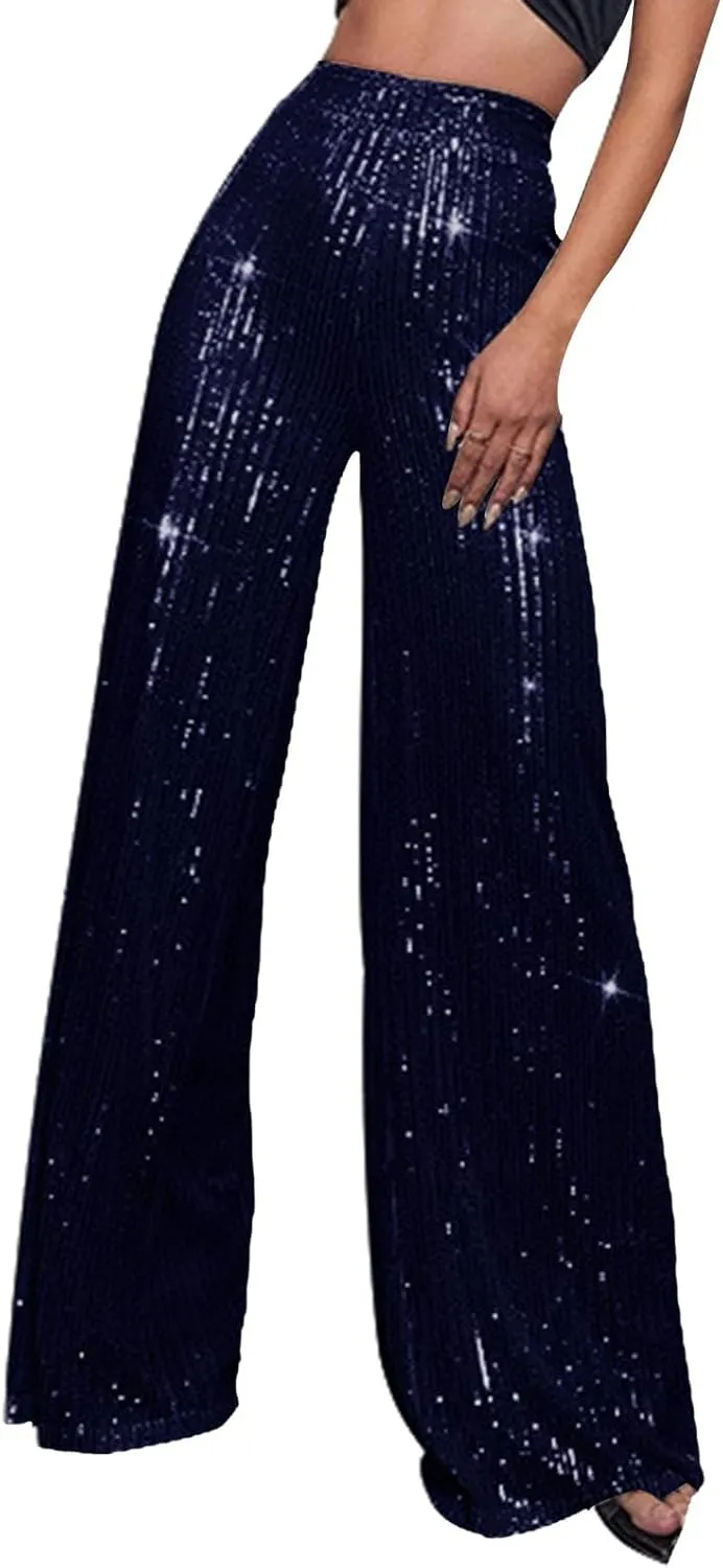 sdbrld Sequin Pants Women,Women's Glitter Sequin Loose Pants Bling Party Clubwear Elastic Casual Sparkly Bell Bottom Pants