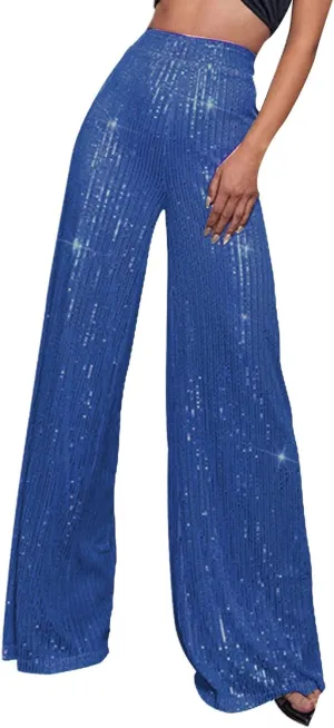 sdbrld Sequin Pants Women,Women's Glitter Sequin Loose Pants Bling Party Clubwear Elastic Casual Sparkly Bell Bottom Pants