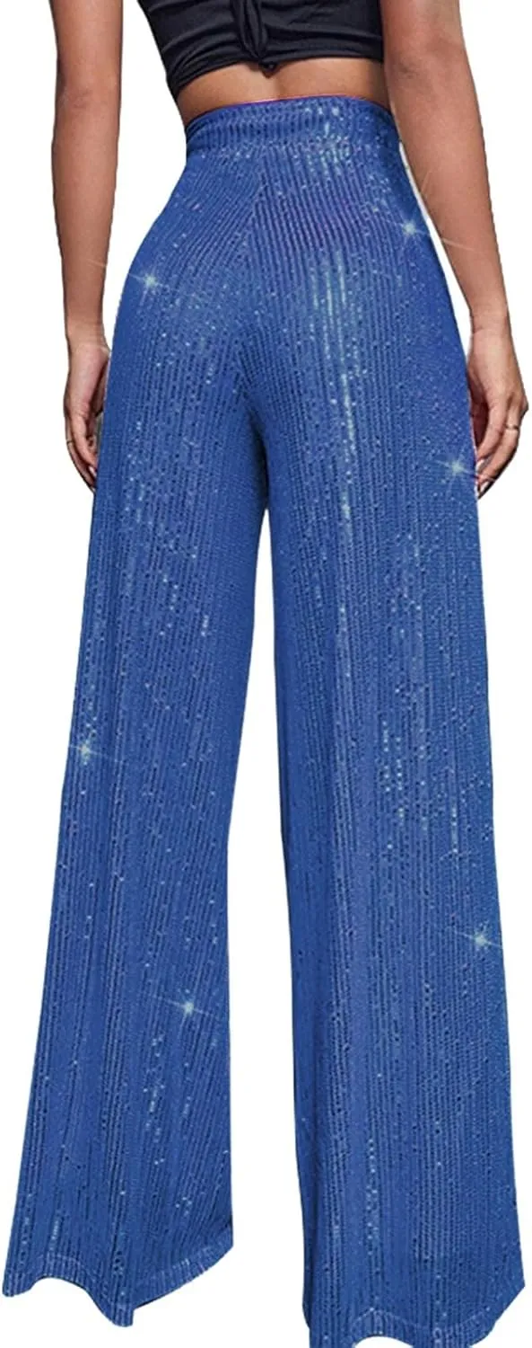 sdbrld Sequin Pants Women,Women's Glitter Sequin Loose Pants Bling Party Clubwear Elastic Casual Sparkly Bell Bottom Pants