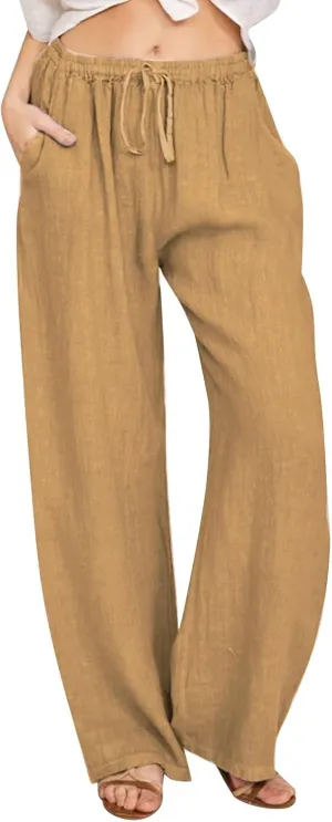 sdbrld Womens Cotton Linen Pants Casual Wide Leg Elastic Waisted Drawsting Trousers Summer Loose Comfy Pants with Pocket