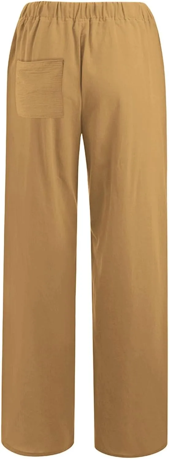 sdbrld Womens Cotton Linen Pants Casual Wide Leg Elastic Waisted Drawsting Trousers Summer Loose Comfy Pants with Pocket