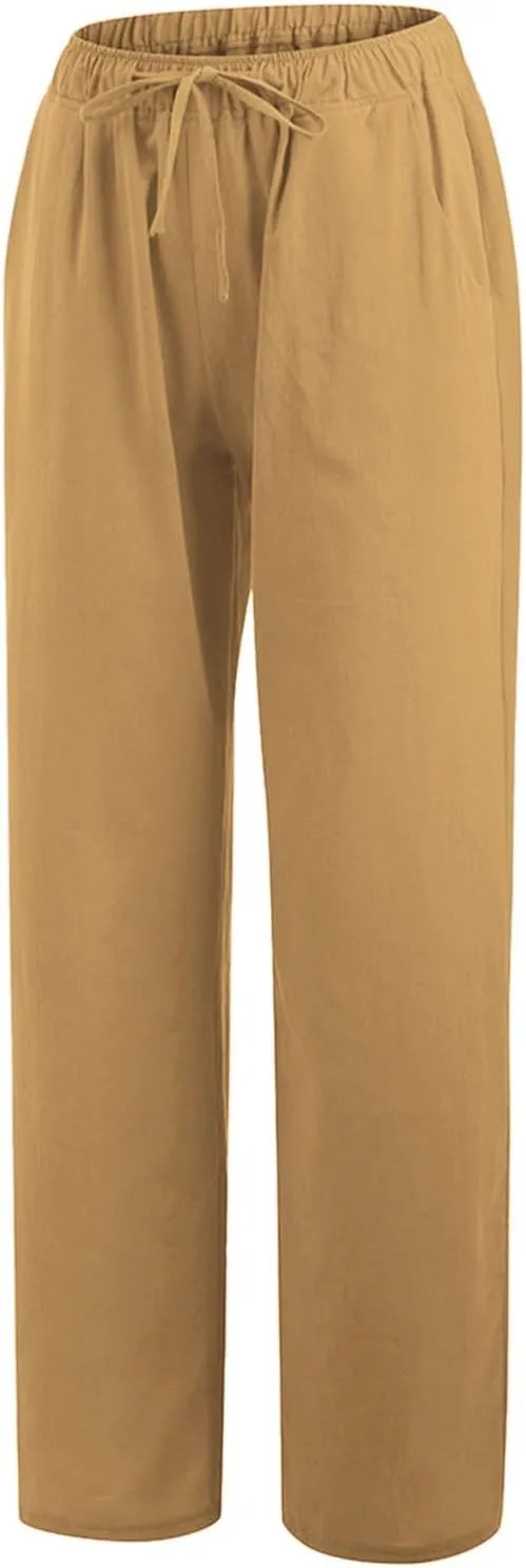 sdbrld Womens Cotton Linen Pants Casual Wide Leg Elastic Waisted Drawsting Trousers Summer Loose Comfy Pants with Pocket