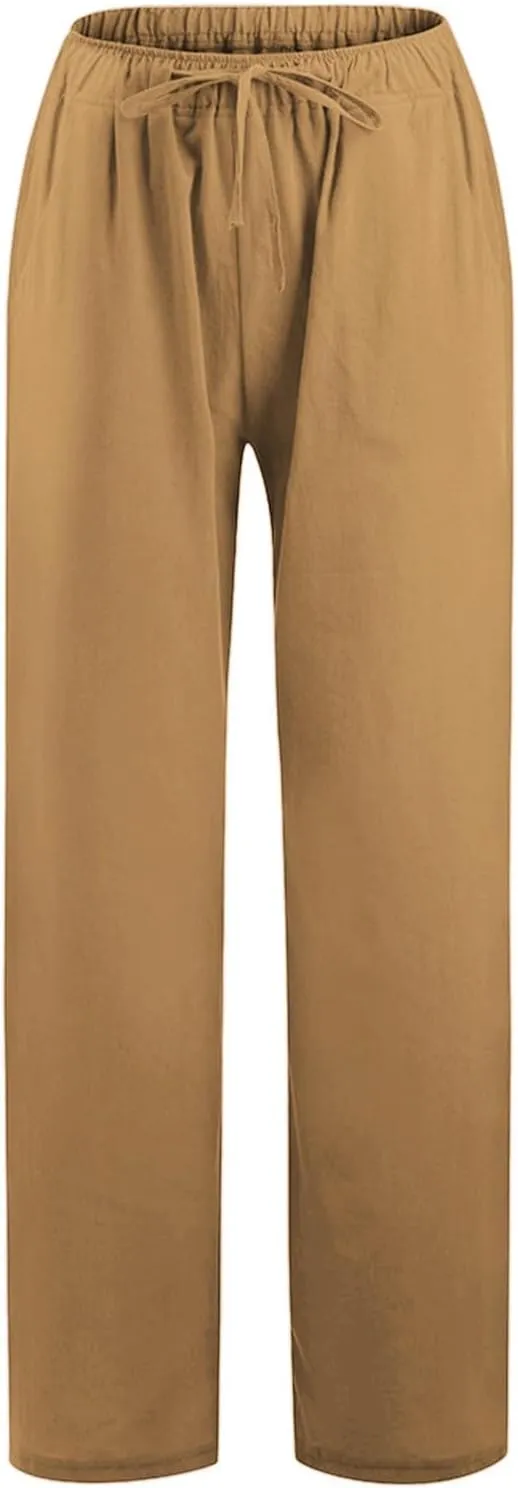 sdbrld Womens Cotton Linen Pants Casual Wide Leg Elastic Waisted Drawsting Trousers Summer Loose Comfy Pants with Pocket