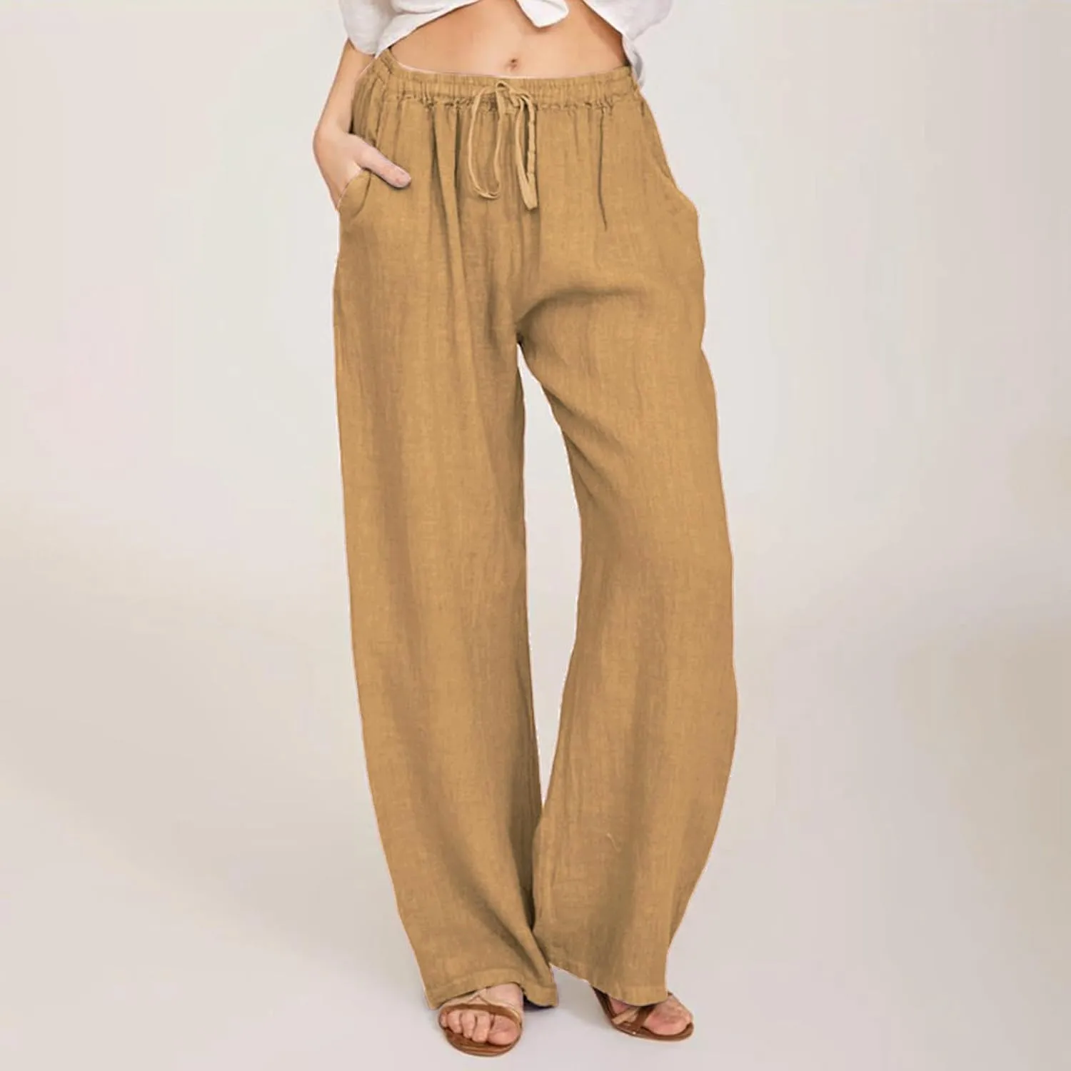 sdbrld Womens Cotton Linen Pants Casual Wide Leg Elastic Waisted Drawsting Trousers Summer Loose Comfy Pants with Pocket