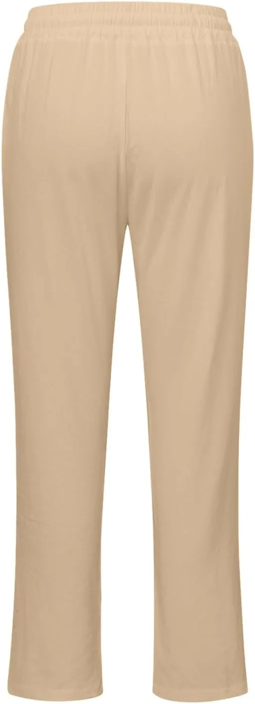 sdbrld Womens Linen Cotton Pants 2024 Casual Summer Trousers Drawstring Elastic Waist Straight Leg Lightweight Comfy Pants