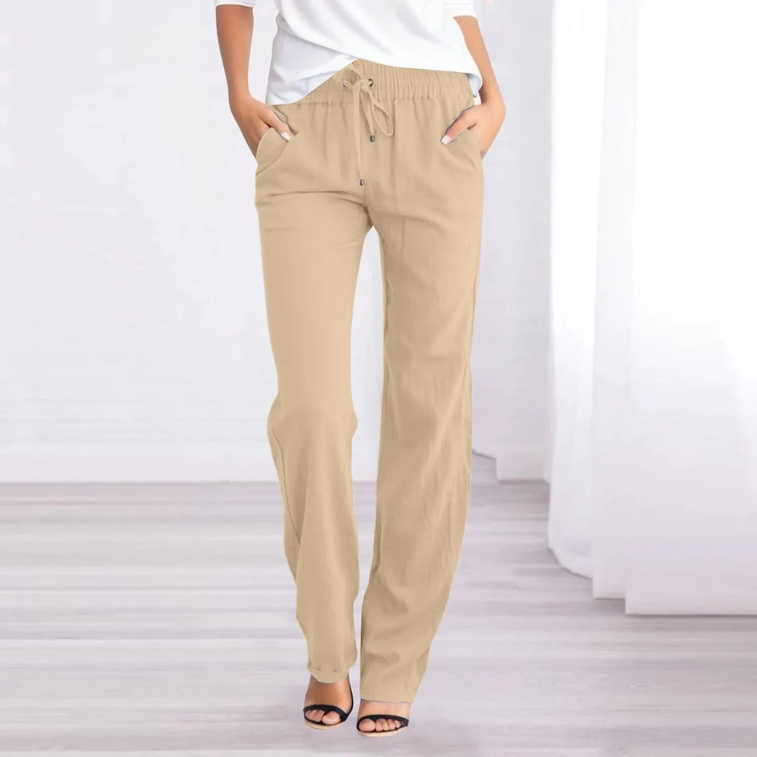 sdbrld Womens Linen Cotton Pants 2024 Casual Summer Trousers Drawstring Elastic Waist Straight Leg Lightweight Comfy Pants