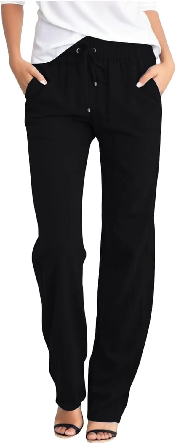 sdbrld Womens Linen Cotton Pants 2024 Casual Summer Trousers Drawstring Elastic Waist Straight Leg Lightweight Comfy Pants