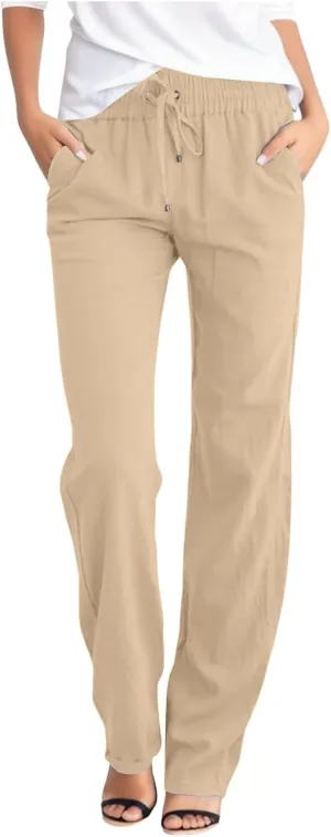 sdbrld Womens Linen Cotton Pants 2024 Casual Summer Trousers Drawstring Elastic Waist Straight Leg Lightweight Comfy Pants
