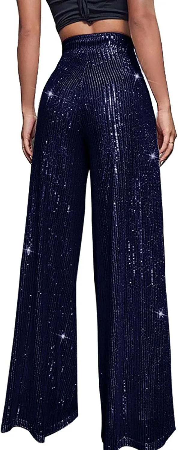 Sequin Pants Women Fashion High Waist Pant Sparkly Wide Leg Trousers Elastic Loose Side Zipper Shiny Pants
