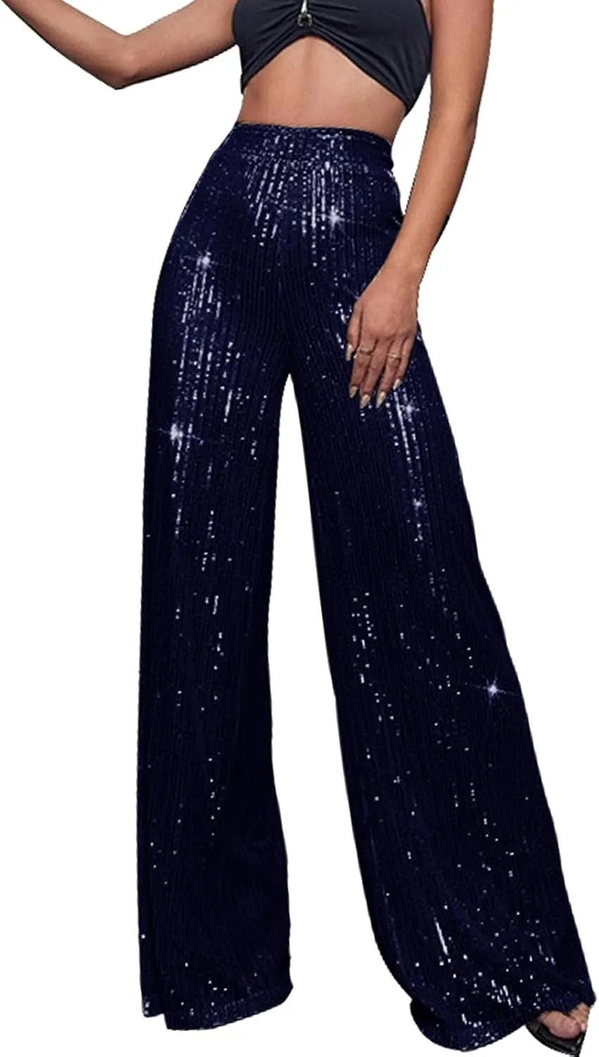 Sequin Pants Women Fashion High Waist Pant Sparkly Wide Leg Trousers Elastic Loose Side Zipper Shiny Pants