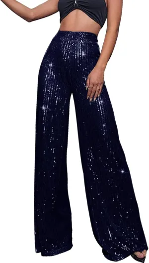 Sequin Pants Women Fashion High Waist Pant Sparkly Wide Leg Trousers Elastic Loose Side Zipper Shiny Pants