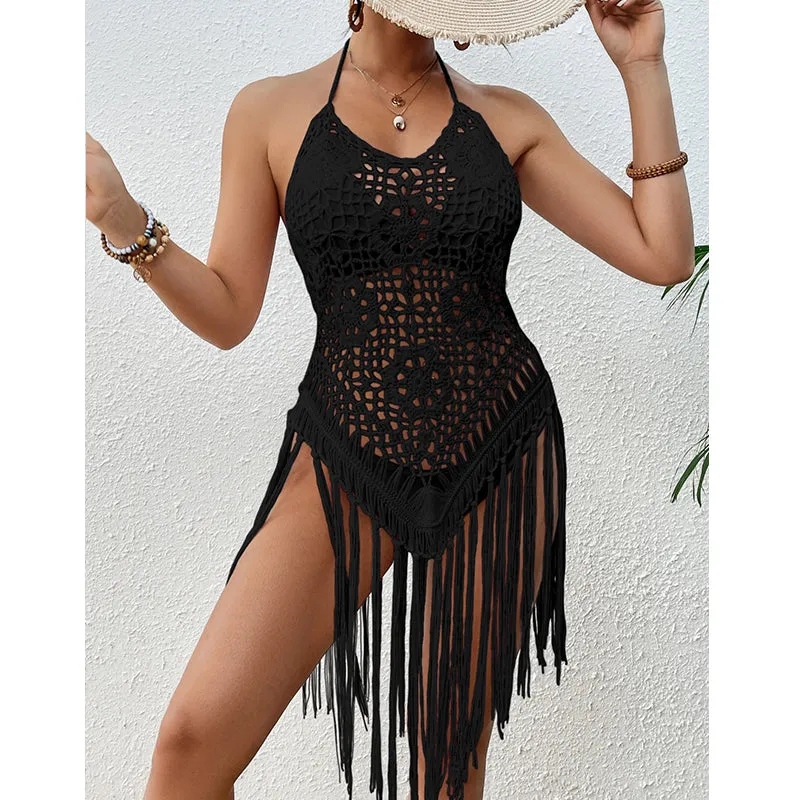 Sexy Backless Hand Crocheting Lace Up Cutout Tassel Bikini Top