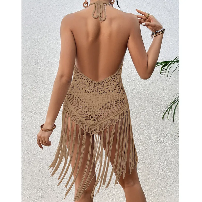Sexy Backless Hand Crocheting Lace Up Cutout Tassel Bikini Top