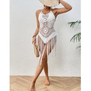 Sexy Backless Hand Crocheting Lace Up Cutout Tassel Bikini Top