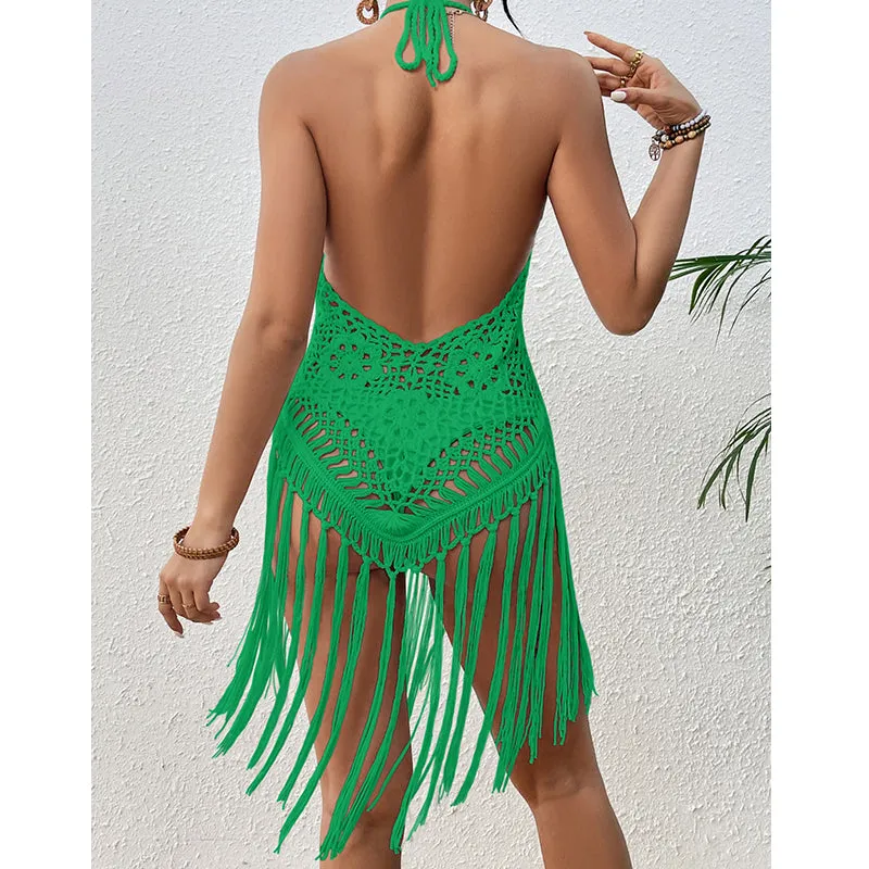Sexy Backless Hand Crocheting Lace Up Cutout Tassel Bikini Top