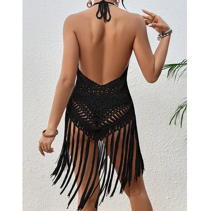 Sexy Backless Hand Crocheting Lace Up Cutout Tassel Bikini Top
