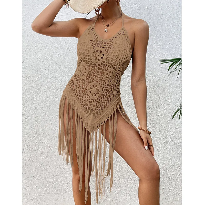 Sexy Backless Hand Crocheting Lace Up Cutout Tassel Bikini Top