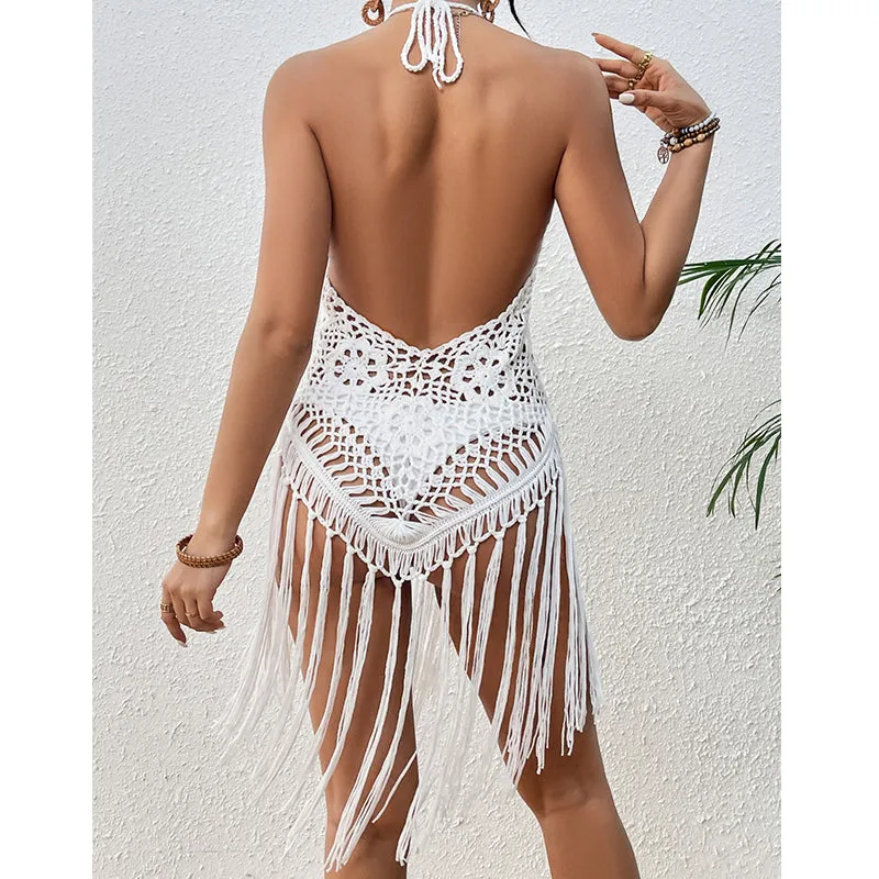 Sexy Backless Hand Crocheting Lace Up Cutout Tassel Bikini Top