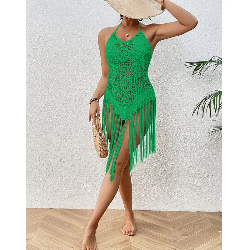 Sexy Backless Hand Crocheting Lace Up Cutout Tassel Bikini Top