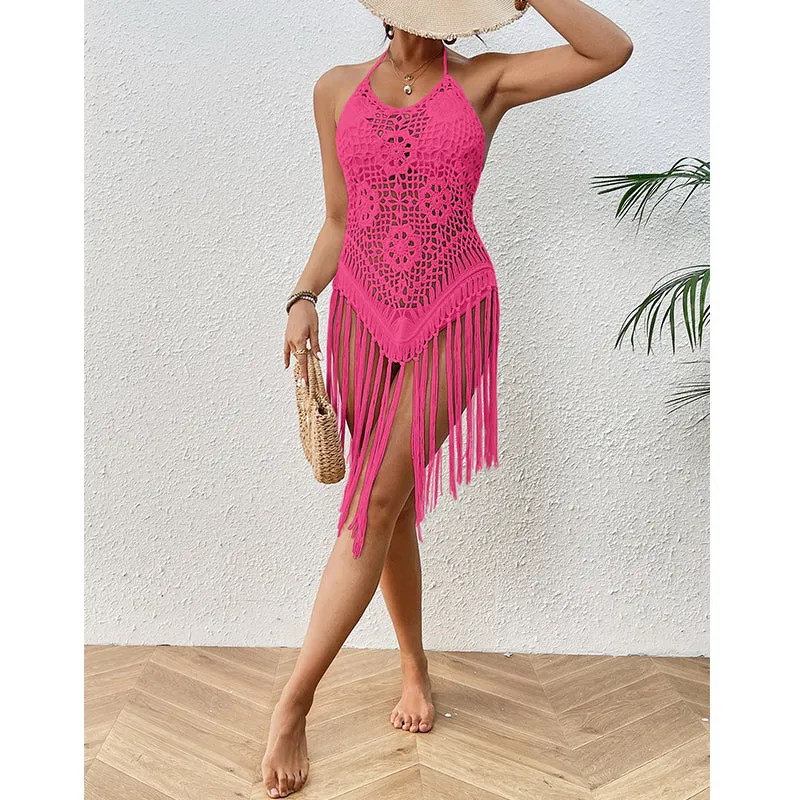 Sexy Backless Hand Crocheting Lace Up Cutout Tassel Bikini Top
