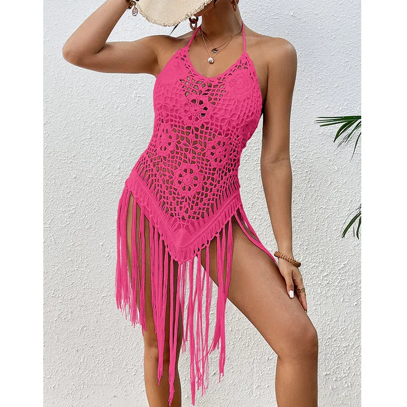 Sexy Backless Hand Crocheting Lace Up Cutout Tassel Bikini Top