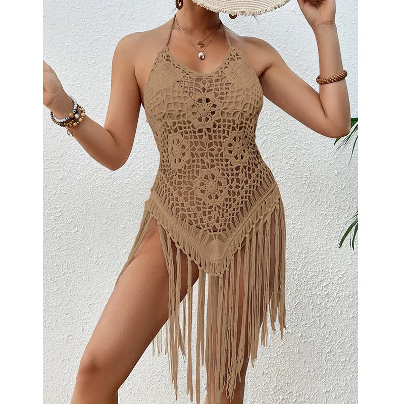 Sexy Backless Hand Crocheting Lace Up Cutout Tassel Bikini Top