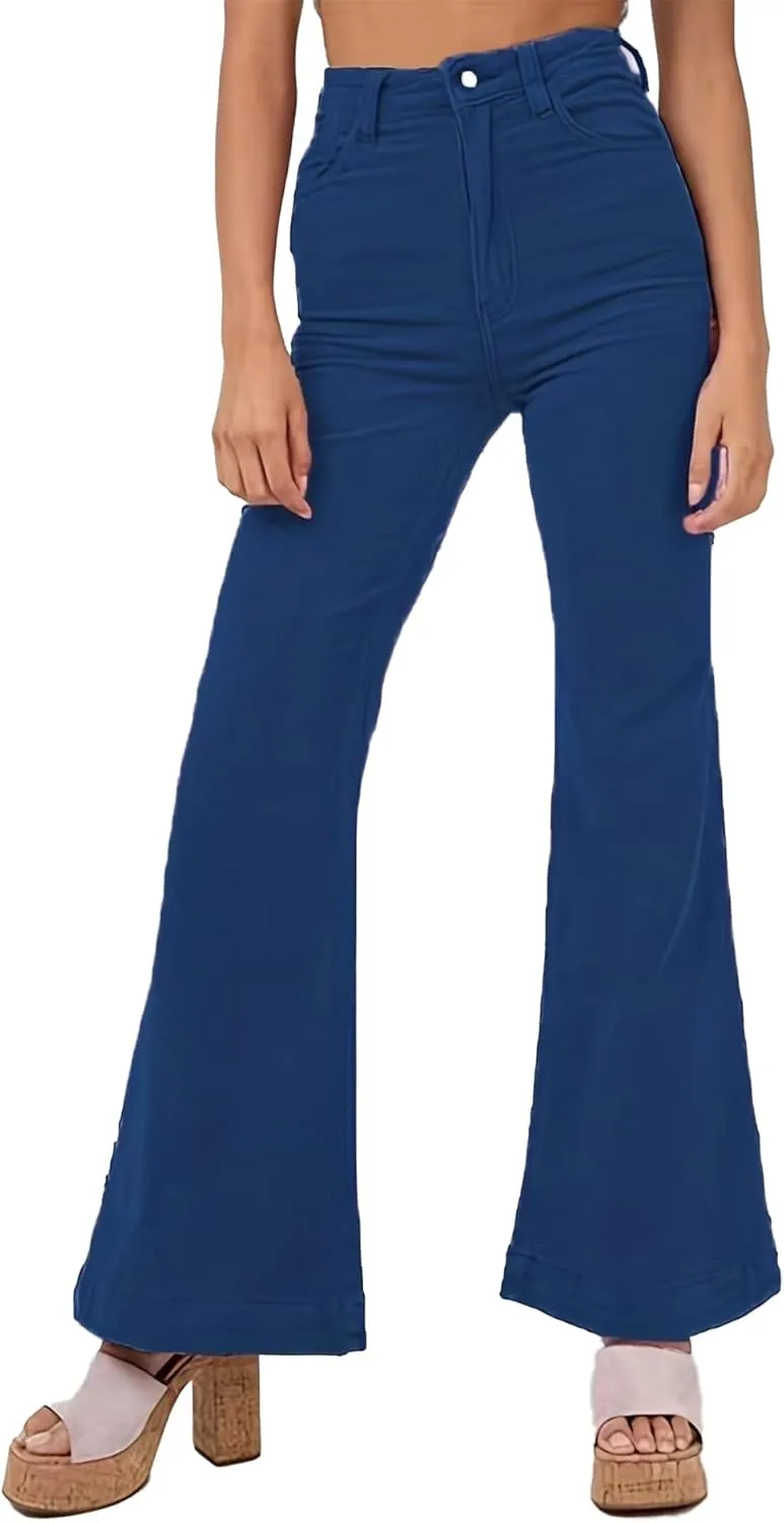 Sexyshine Women's Corduroy Flared Bell Bottom Pants High Waist Solid Color Long Wide Leg Trousers with Pockets