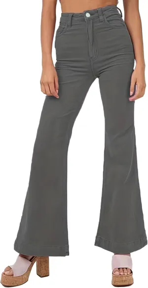 Sexyshine Women's Corduroy Flared Bell Bottom Pants High Waist Solid Color Long Wide Leg Trousers with Pockets