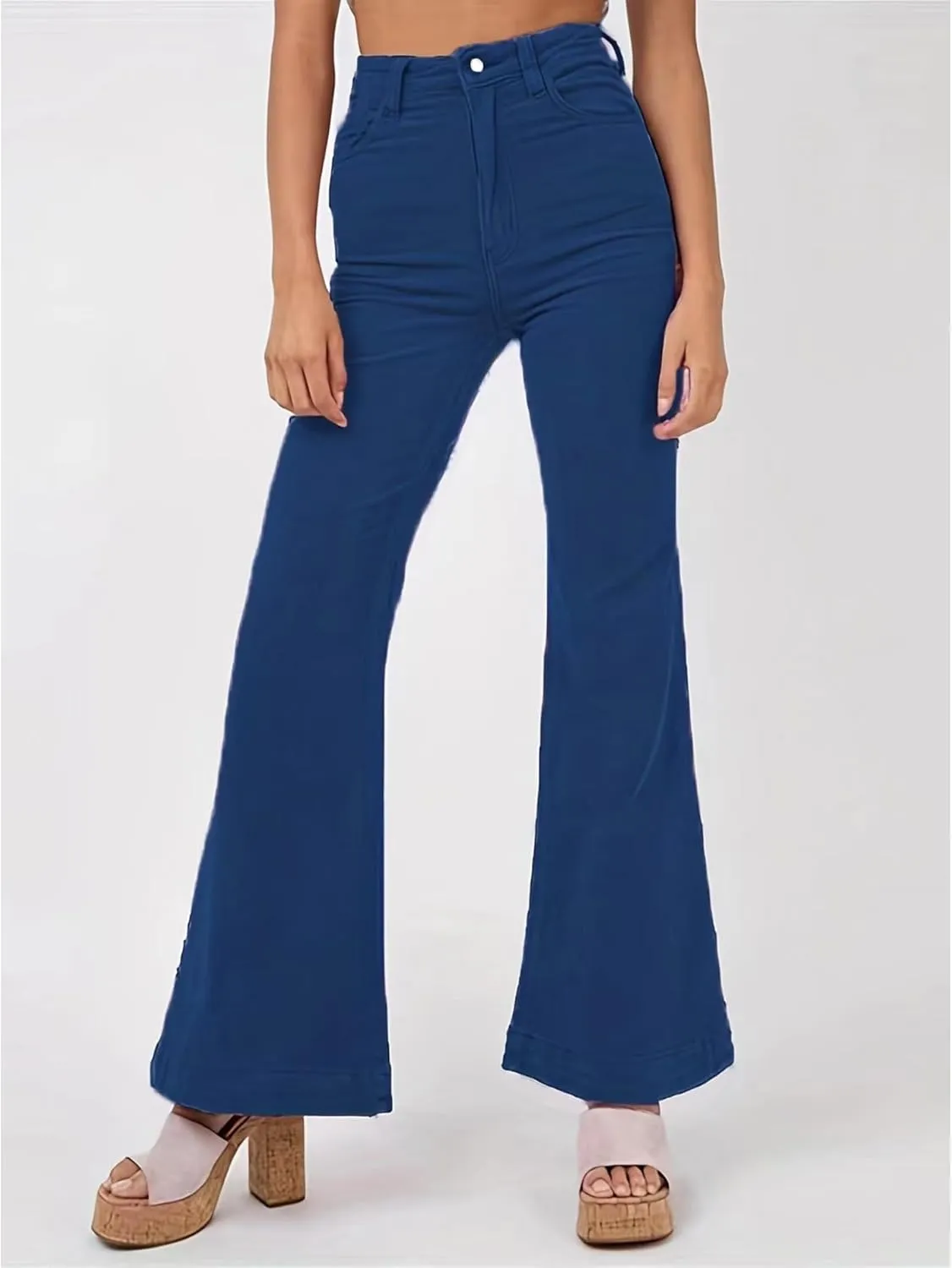 Sexyshine Women's Corduroy Flared Bell Bottom Pants High Waist Solid Color Long Wide Leg Trousers with Pockets