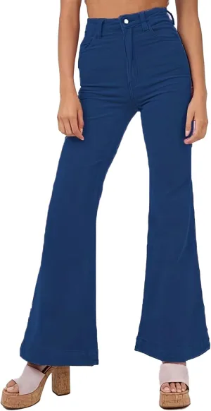 Sexyshine Women's Corduroy Flared Bell Bottom Pants High Waist Solid Color Long Wide Leg Trousers with Pockets