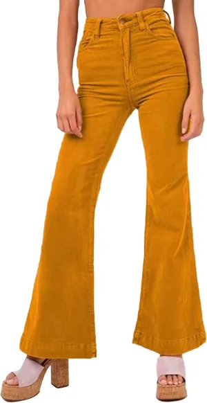 Sexyshine Women's Corduroy Flared Bell Bottom Pants High Waist Solid Color Long Wide Leg Trousers with Pockets