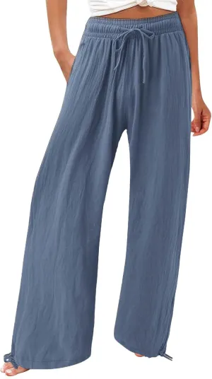 SHAOBGE Women Linen Palazzo Pants Summer Boho Wide Leg High Waist Casual Lounge Pant Trousers with Pockets
