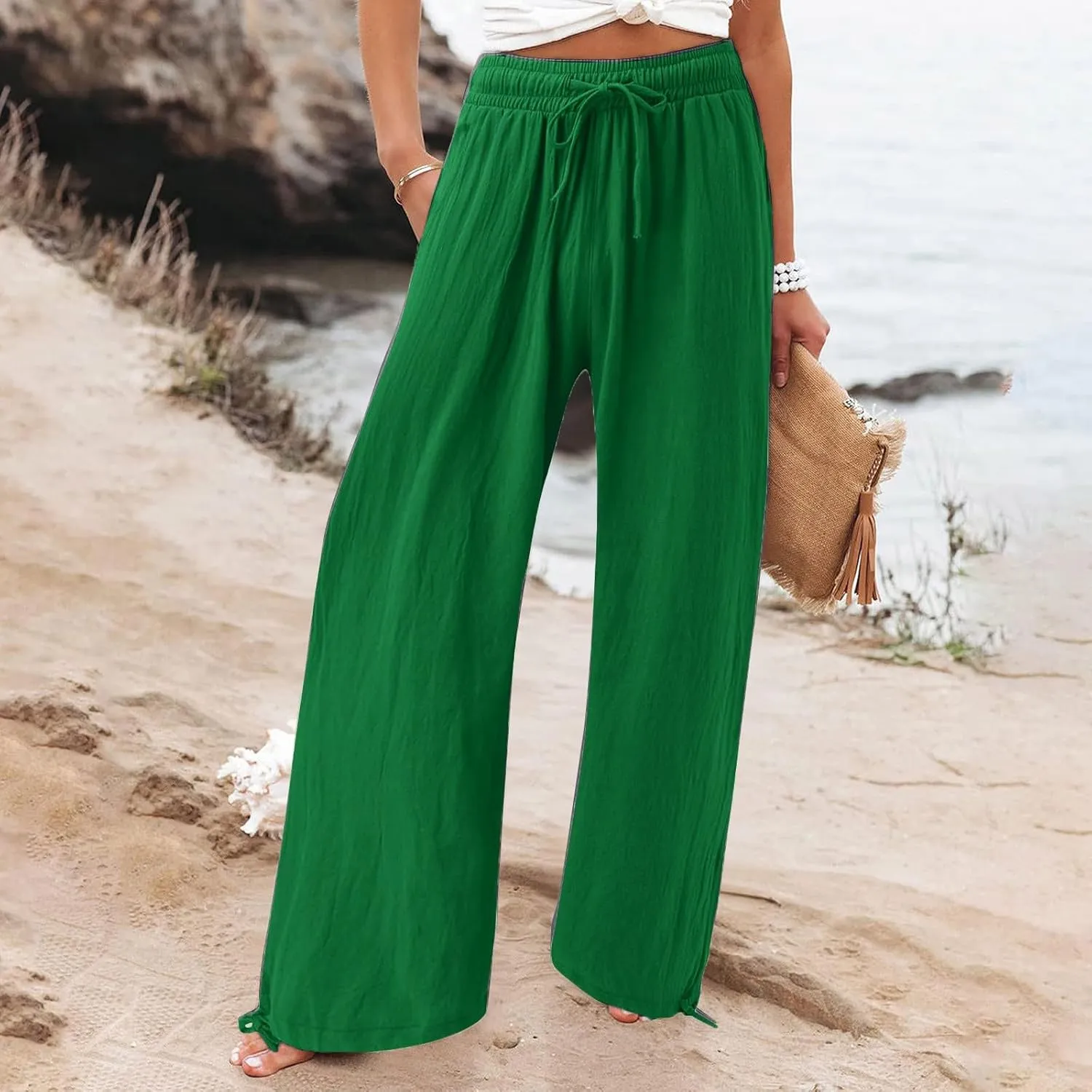 SHAOBGE Women Linen Palazzo Pants Summer Boho Wide Leg High Waist Casual Lounge Pant Trousers with Pockets