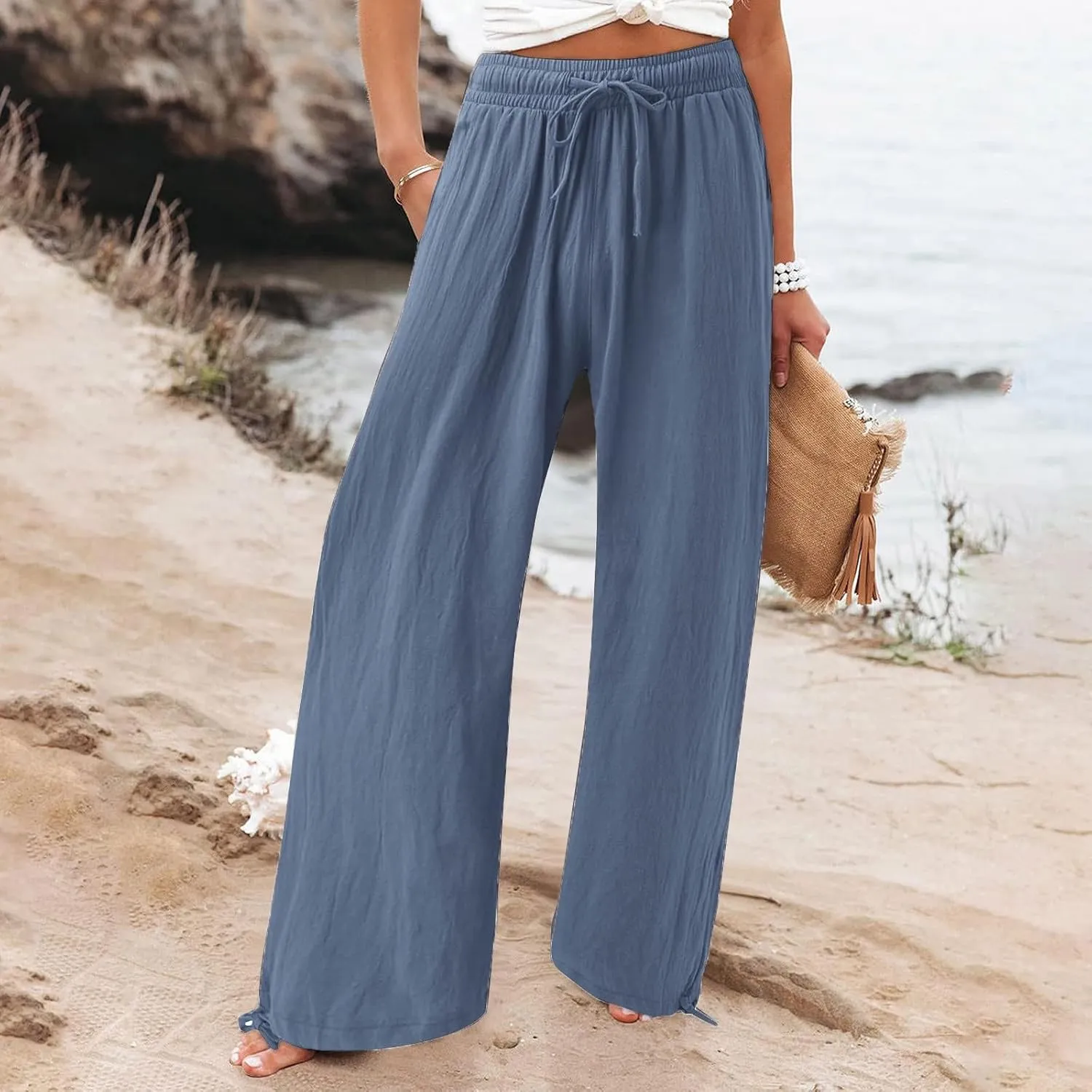 SHAOBGE Women Linen Palazzo Pants Summer Boho Wide Leg High Waist Casual Lounge Pant Trousers with Pockets