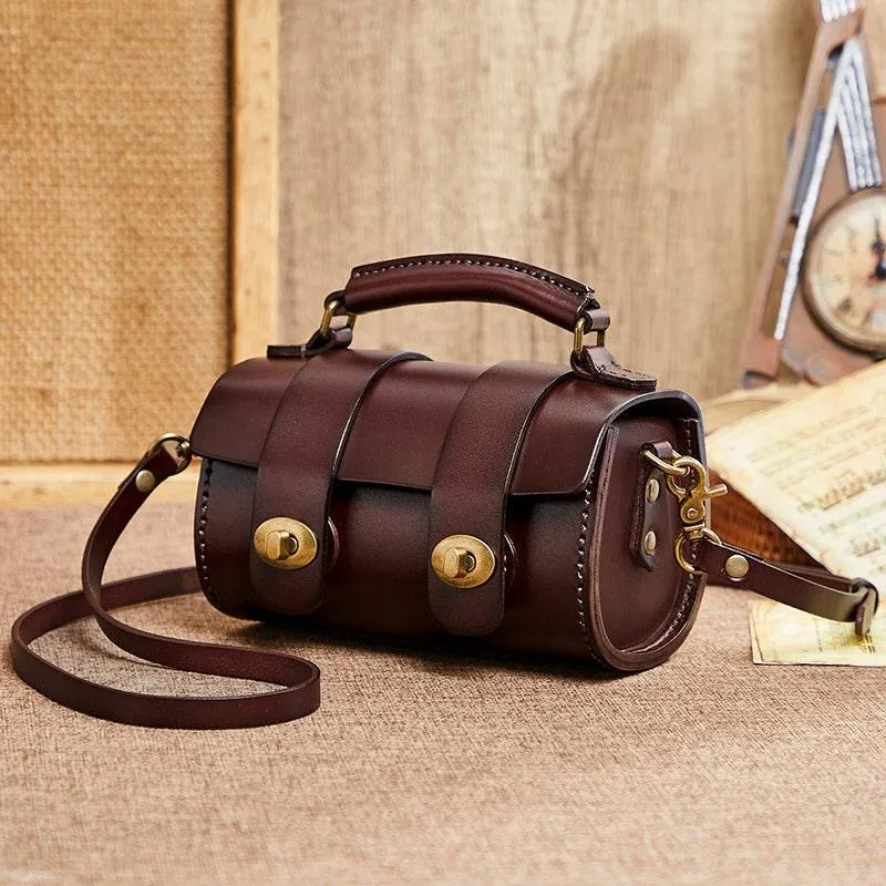Small Natural Full Grain Leather Shoulder Bag, Cute and Durable Crossbody Bag, Handcrafted Lady Drum Handbag, Boston Bag, Gift For Her