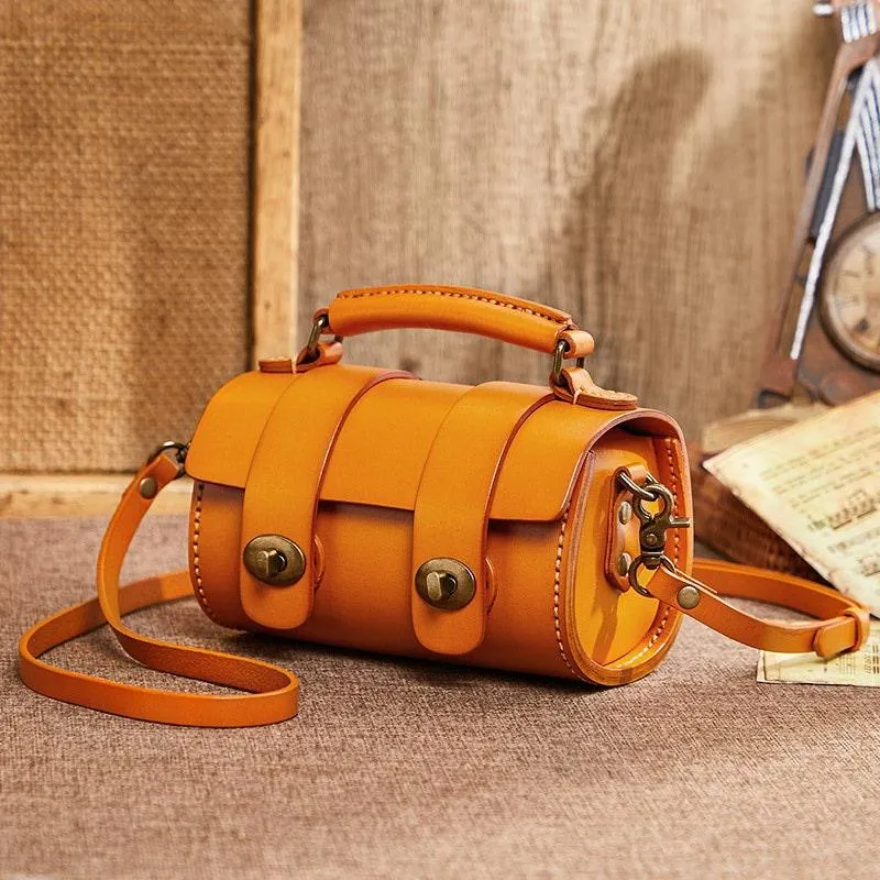 Small Natural Full Grain Leather Shoulder Bag, Cute and Durable Crossbody Bag, Handcrafted Lady Drum Handbag, Boston Bag, Gift For Her