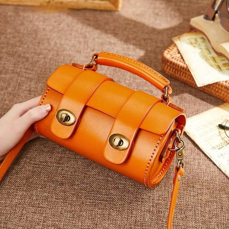 Small Natural Full Grain Leather Shoulder Bag, Cute and Durable Crossbody Bag, Handcrafted Lady Drum Handbag, Boston Bag, Gift For Her