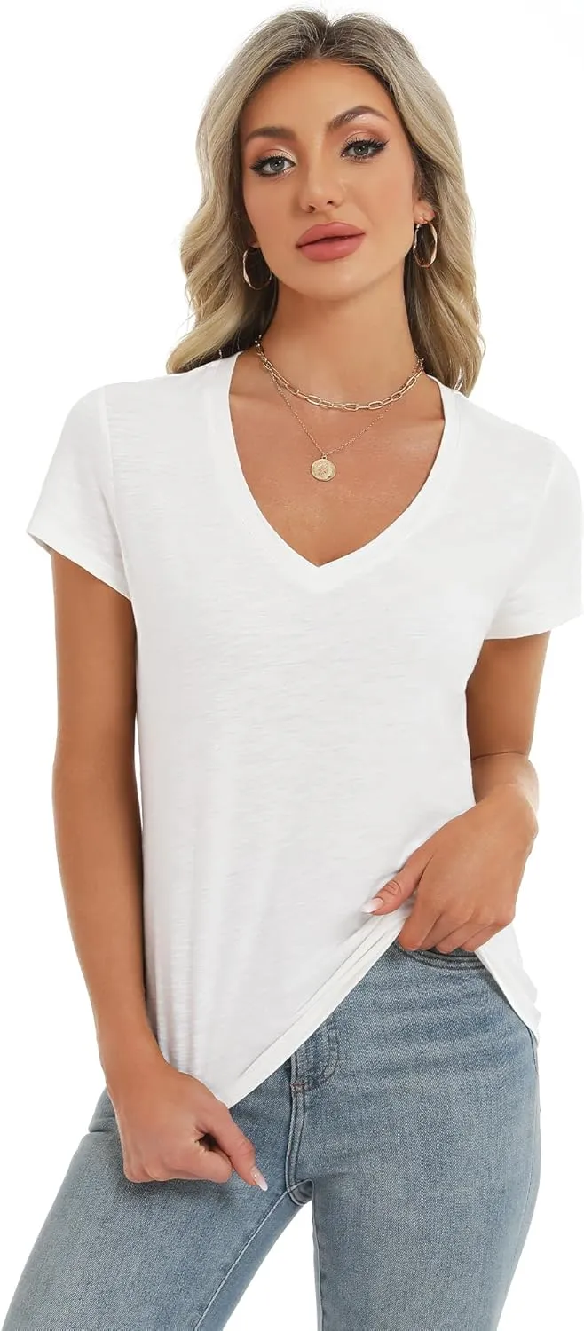 Stelle Womens Modal Soft T Shirts Short Sleeve V Neck Basic Tee Casual Loose Fit Tops Lightweight Soft Summer Outfits Clothes