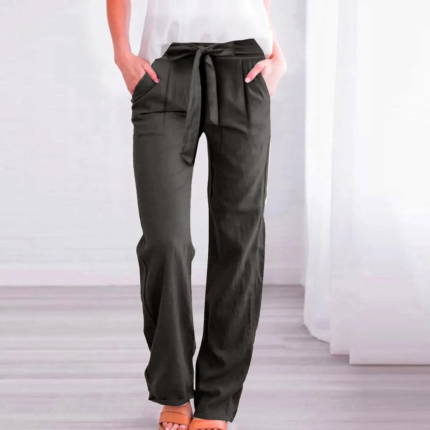 Straight Leg Linen Pants Women 2025 Casual Summer Elastic High Waisted Drawstring Tapered Pants Baggy Lounge Pants w/Pockets