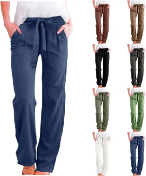 Straight Leg Linen Pants Women 2025 Casual Summer Elastic High Waisted Drawstring Tapered Pants Baggy Lounge Pants w/Pockets