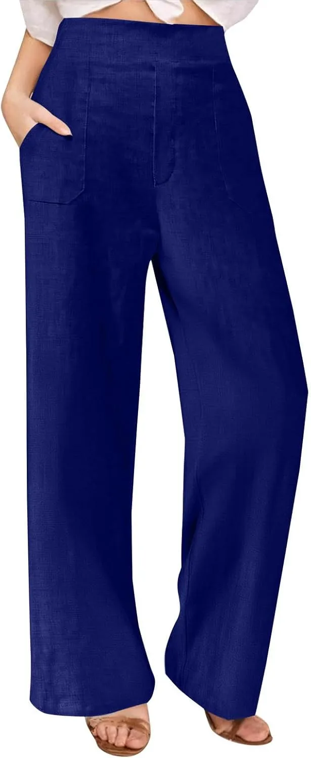 Straight Leg Trousers for Women Business Casual Work Pants Stretchy Wide Leg Elastic High Waist Slacks with Pockets