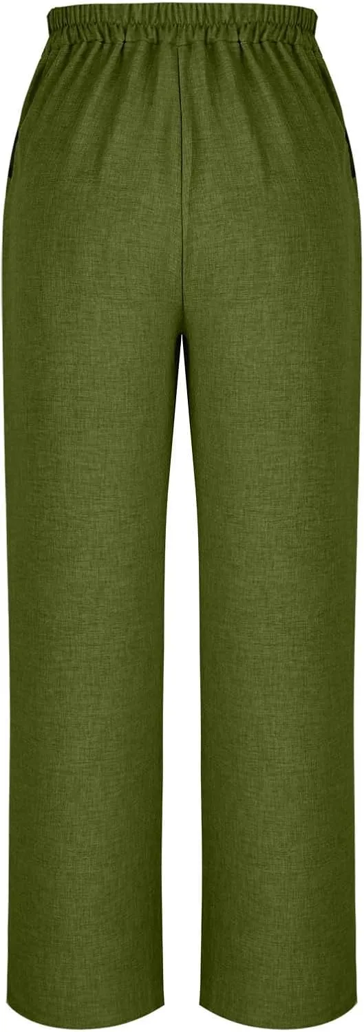 Straight Leg Trousers for Women Business Casual Work Pants Stretchy Wide Leg Elastic High Waist Slacks with Pockets