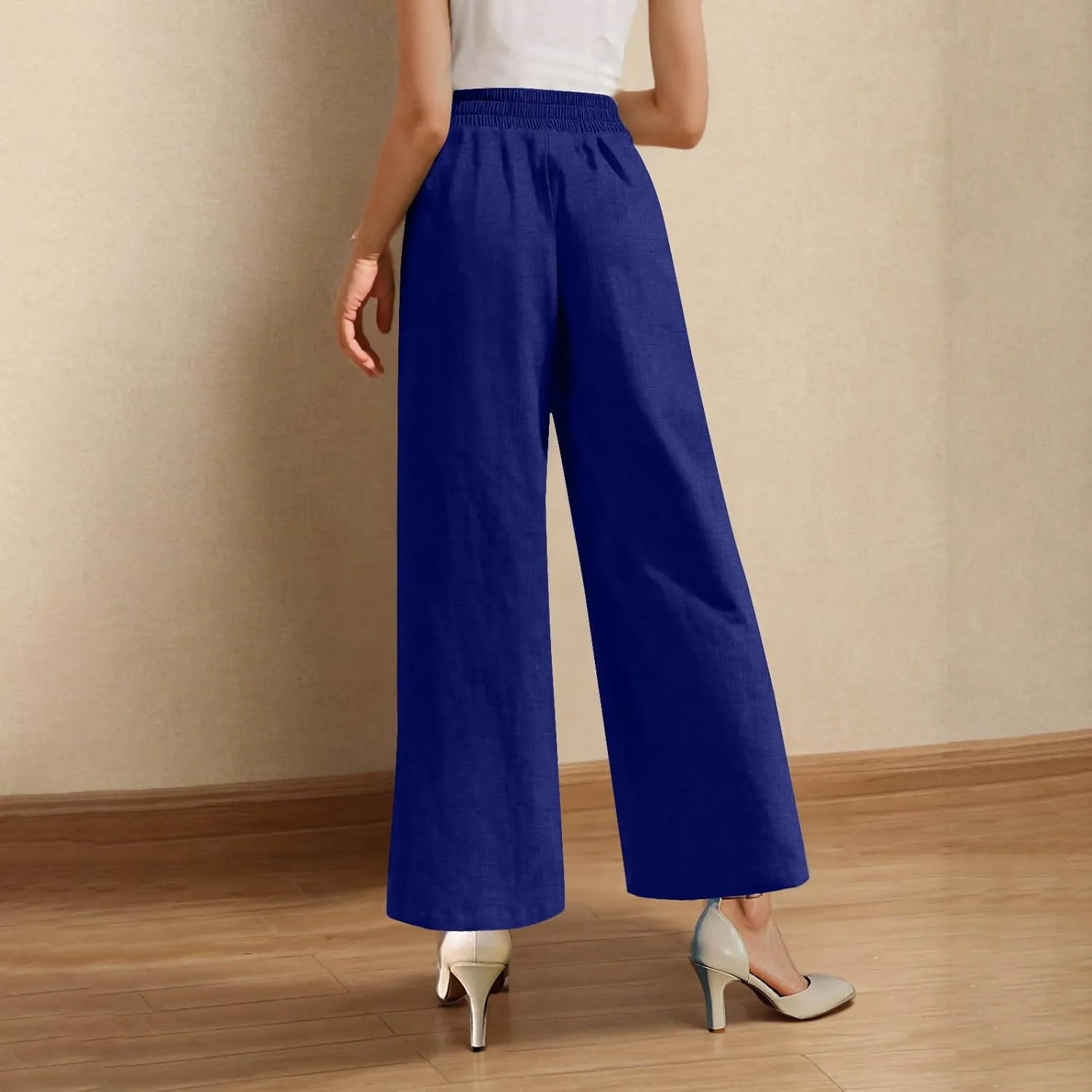 Straight Leg Trousers for Women Business Casual Work Pants Stretchy Wide Leg Elastic High Waist Slacks with Pockets