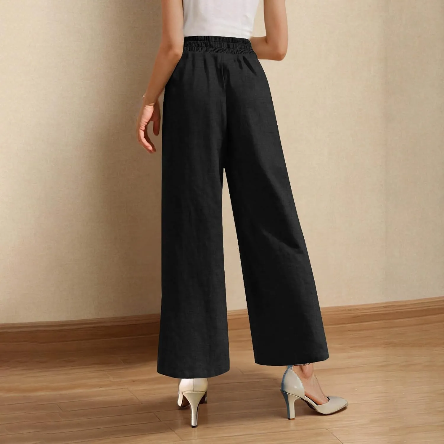 Straight Leg Trousers for Women Business Casual Work Pants Stretchy Wide Leg Elastic High Waist Slacks with Pockets