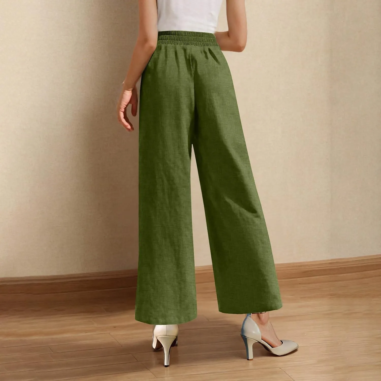 Straight Leg Trousers for Women Business Casual Work Pants Stretchy Wide Leg Elastic High Waist Slacks with Pockets