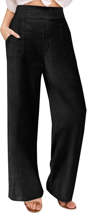 Straight Leg Trousers for Women Business Casual Work Pants Stretchy Wide Leg Elastic High Waist Slacks with Pockets