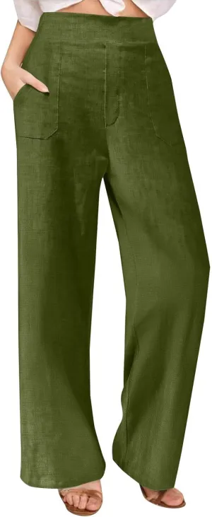 Straight Leg Trousers for Women Business Casual Work Pants Stretchy Wide Leg Elastic High Waist Slacks with Pockets