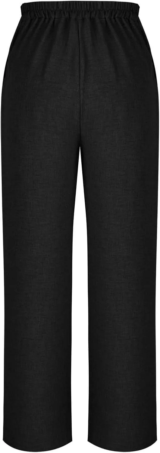 Straight Leg Trousers for Women Business Casual Work Pants Stretchy Wide Leg Elastic High Waist Slacks with Pockets