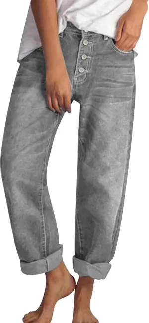Stretch Jeans for Women Retro Straight Wide Leg Elastic High Waisted Trousers Loose Casual Denim Pants with Pockets